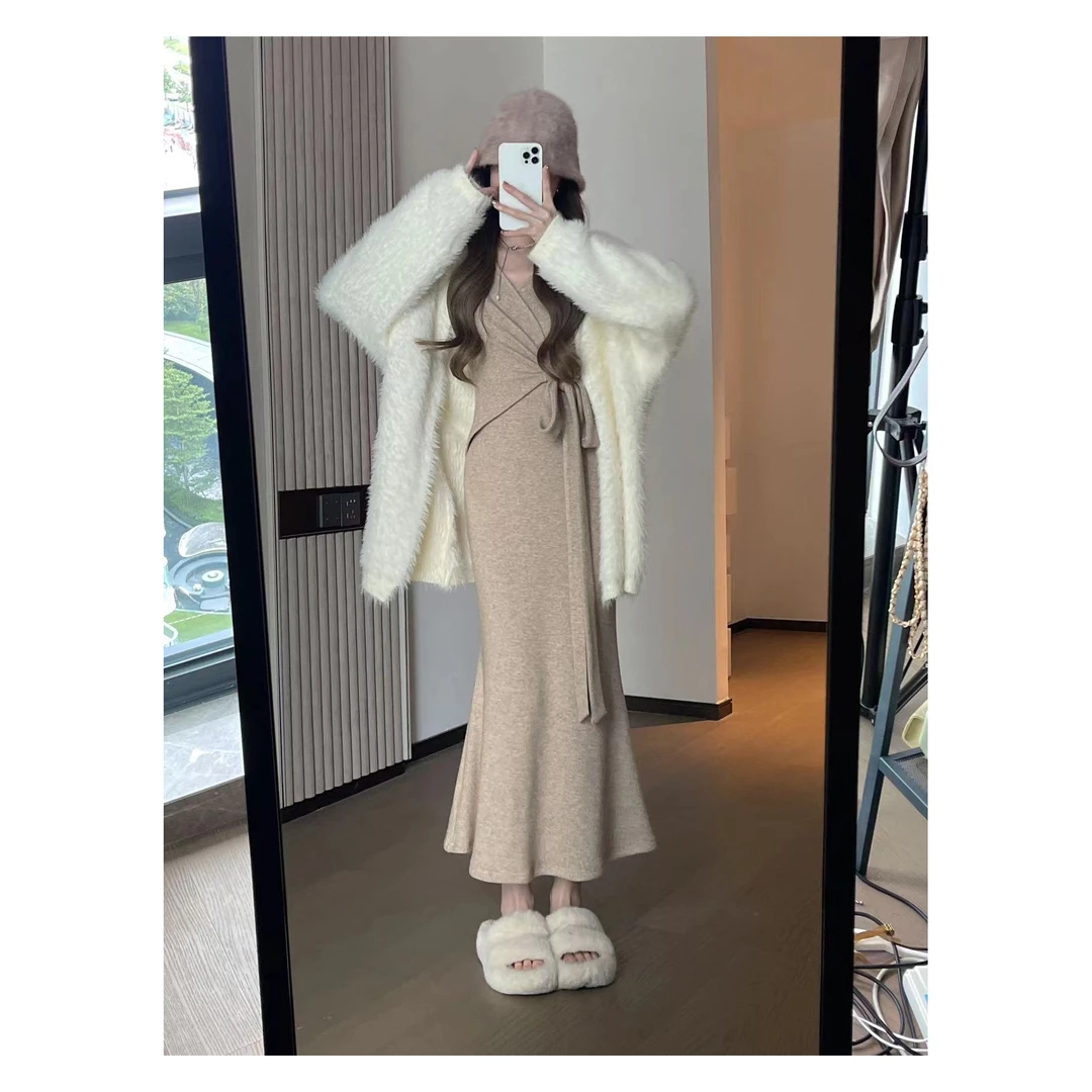 【清44】松本丧丧绑带裙针织交叉V领褶皱收腰长袖连衣裙B233Q1950