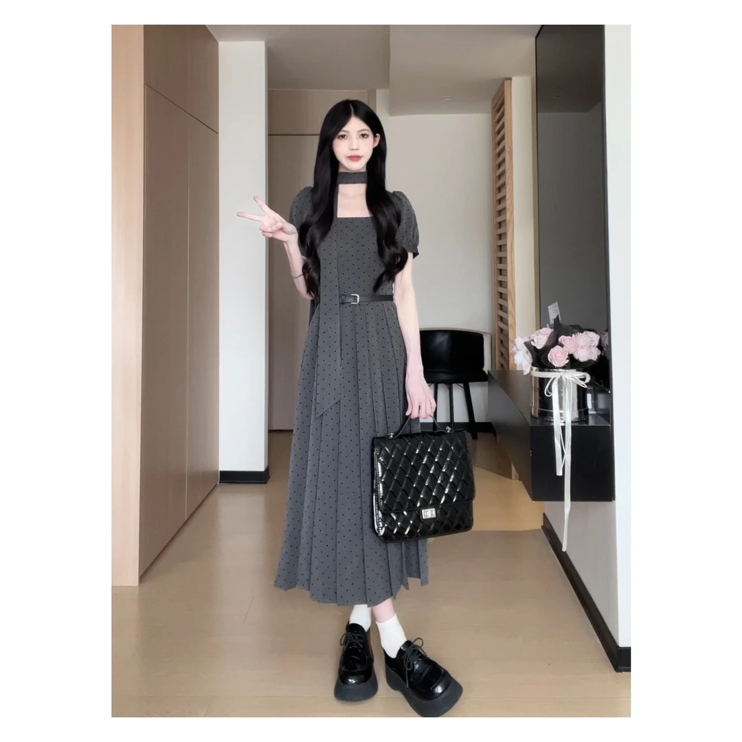 松本丧丧 29灰色波点百褶裙短袖连衣裙小众气质A字裙B242Q1489