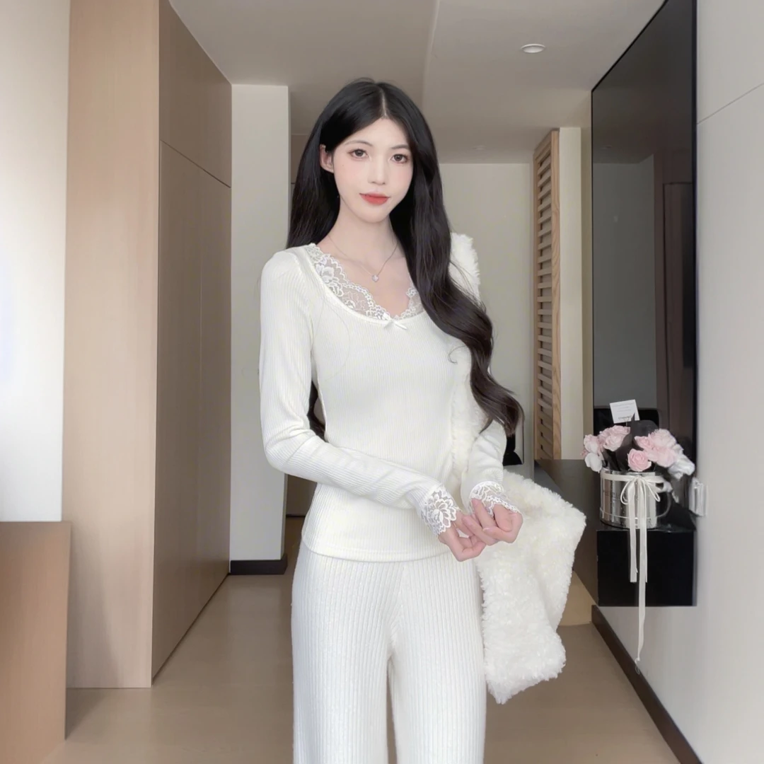 松本丧丧蕾丝边针织打底衫竖条坑纹修身内搭上衣秋冬B243H0296