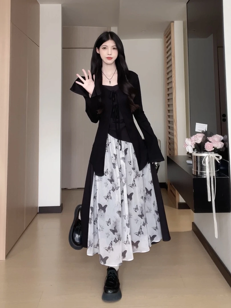 松本丧丧水墨蝴蝶套装设计感套头裙子秋季初秋穿搭套装B243C0282