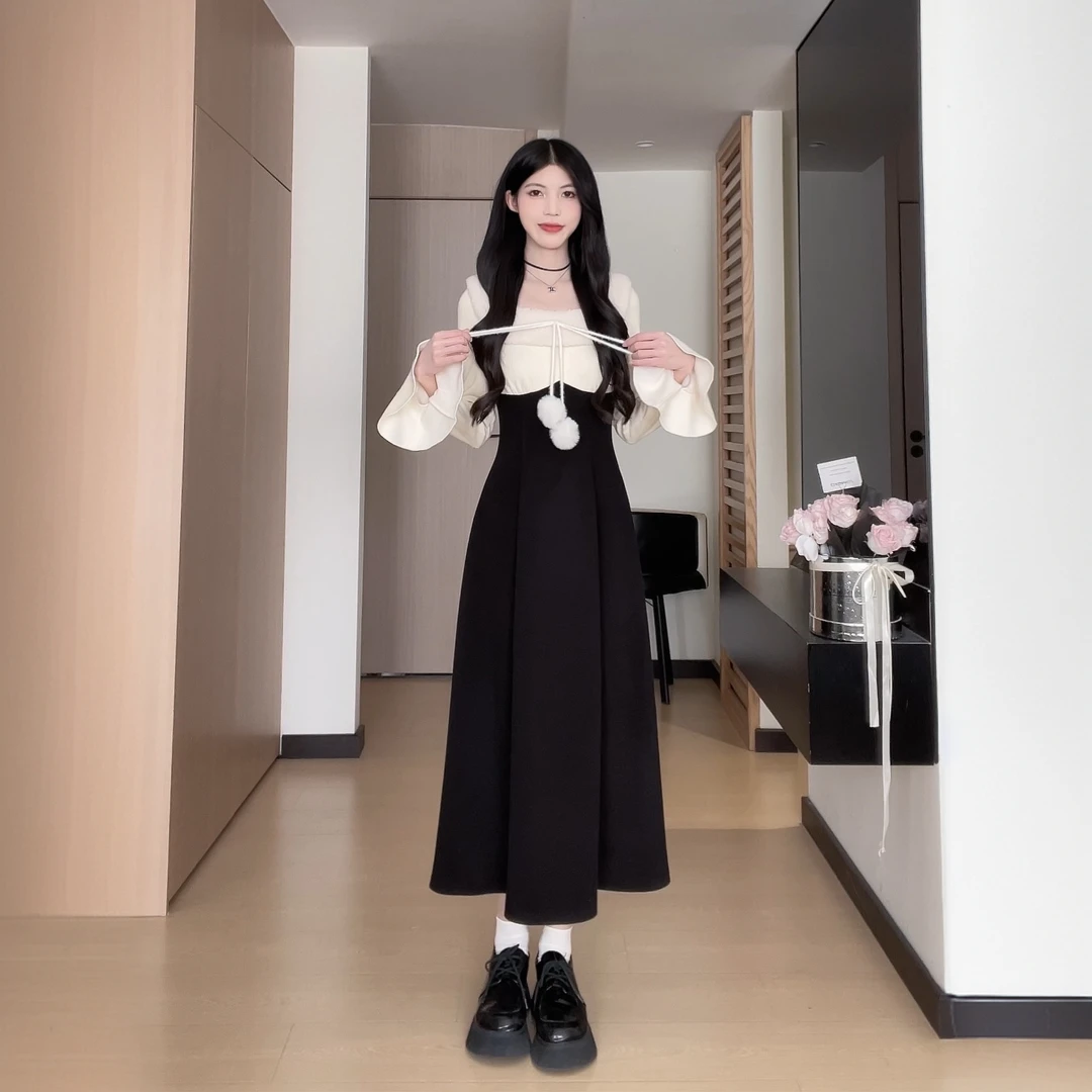 松本丧丧毛球假两件修身裙显瘦冬季长袖连衣A字裙连衣裙B243Q2155