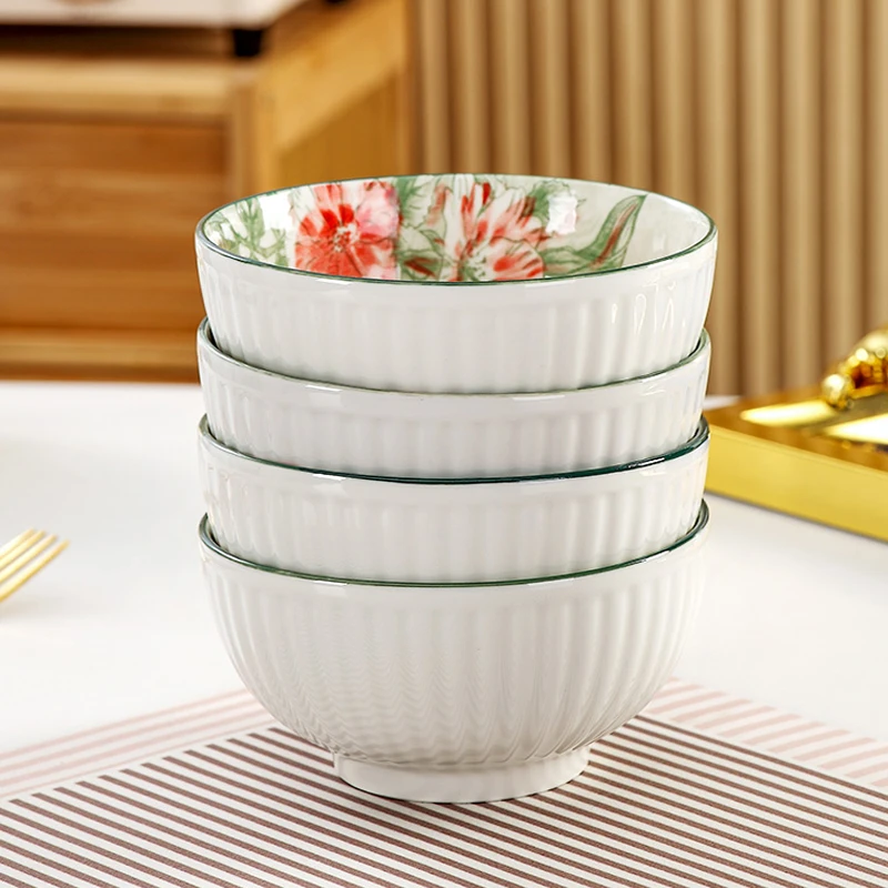 富彩陶瓷复古花开富贵家用4个装6英寸面碗陶瓷釉下彩大汤碗餐具