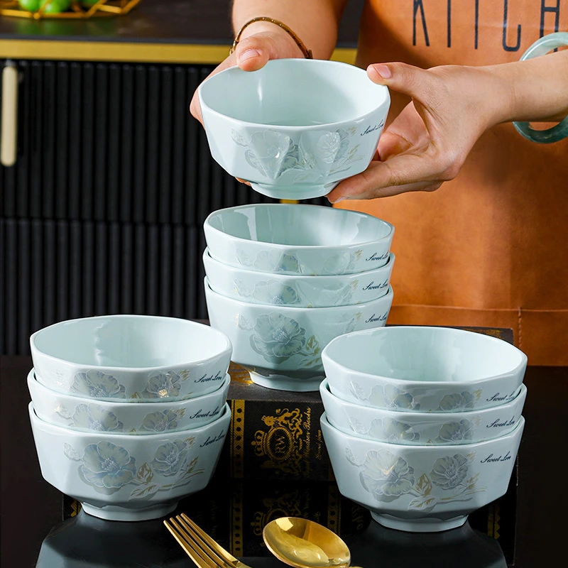 富彩陶瓷影青甜蜜蜜4.5英寸米饭碗10个装加厚防烫吃饭碗家用创意