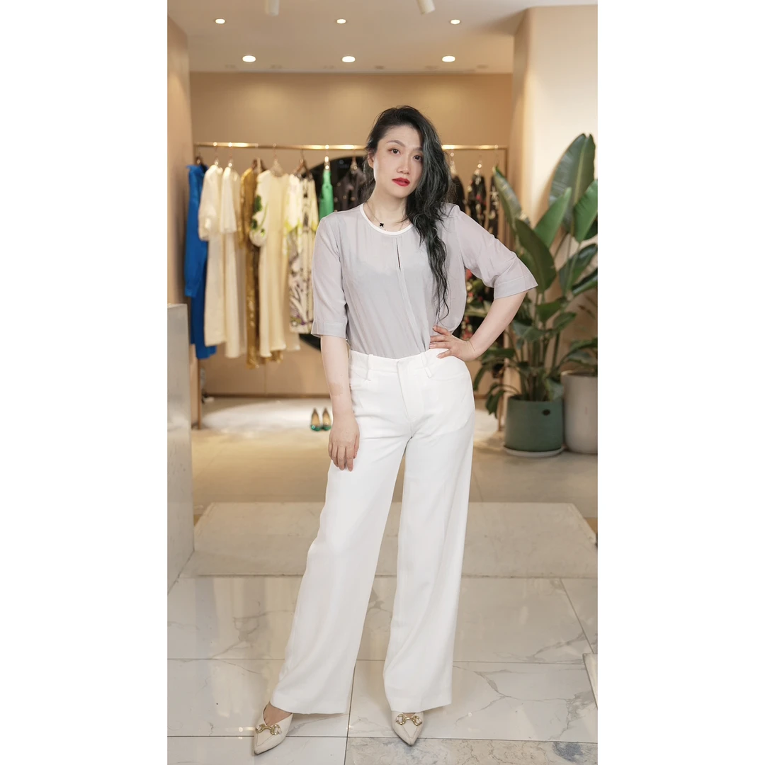 【六丑】新款弧形口袋阔腿蓝白两色纯色极简休闲裤211XXK0049