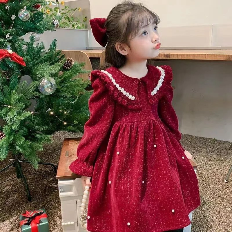 女童连衣裙秋冬款2024新款加绒冬裙女孩公主裙裙子秋装钉珠丝绒裙