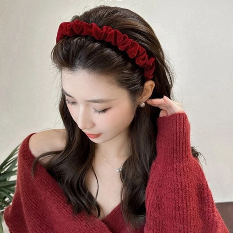 韩版新年红色丝绒褶皱发箍细边压发卡秋冬新款高颅顶头箍女头饰