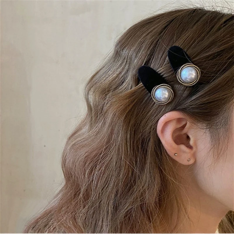 韩版复古简约百搭丝绒仿珍珠发夹女侧边夹碎发发卡鸭嘴夹ins发饰