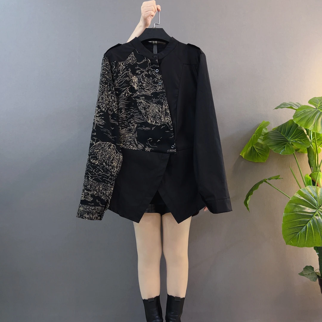 小众不对称立领印花长袖衬衫女春秋冬季新款