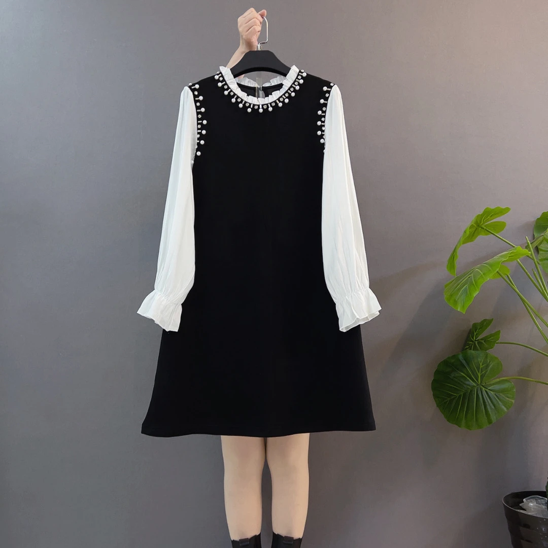 秋冬新款重工钉珠假两件显瘦宽松锦棉拼接连衣裙