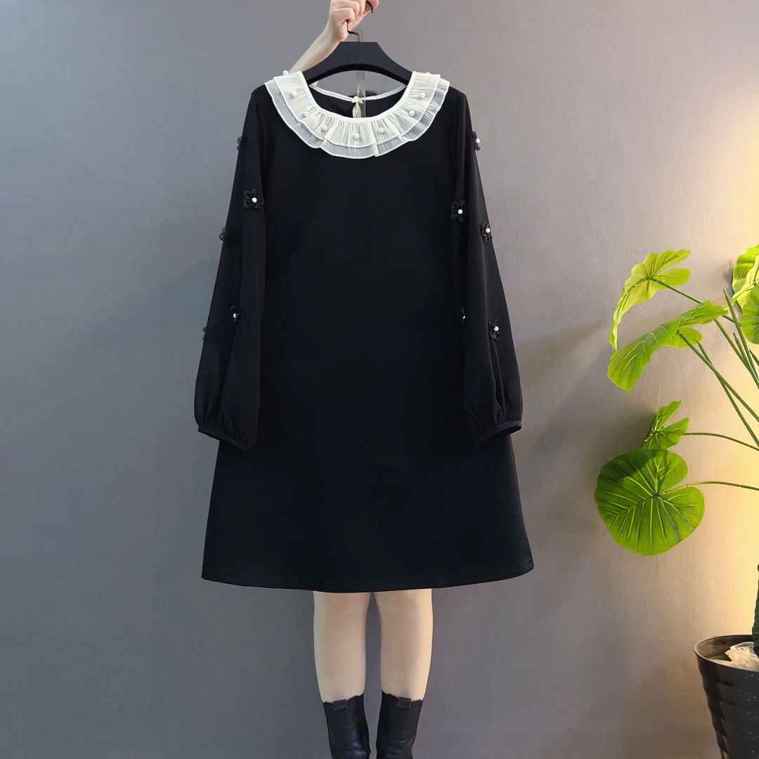 立体花朵设计法式小香风黑色连衣裙气质减龄A字打底裙