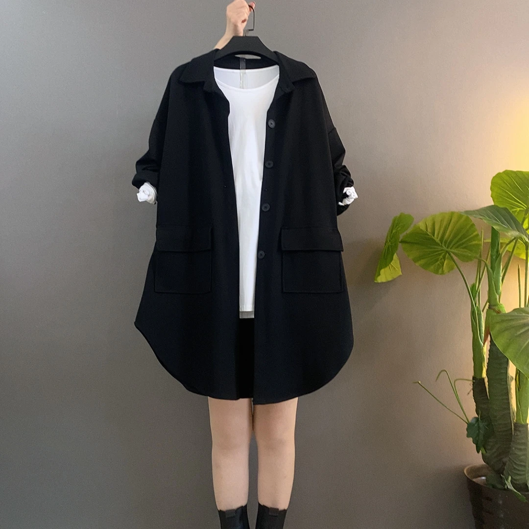 2024秋季新款时尚洋气宽松遮肉锦棉黑色衬衫大码外套