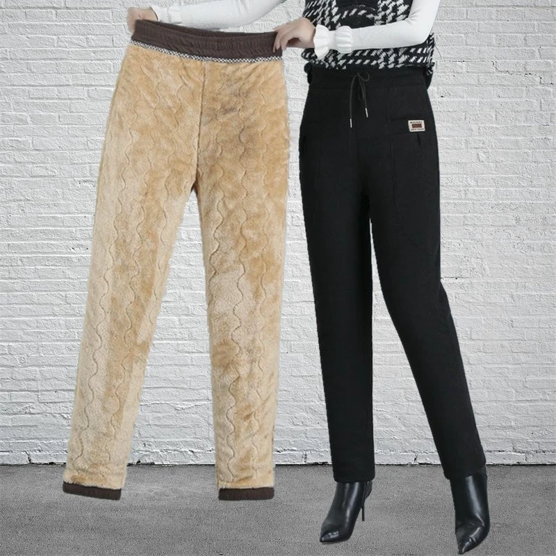 加绒加厚外穿棉裤女高腰宽松羊羔绒保暖裤中老年妈妈休闲大码秋冬