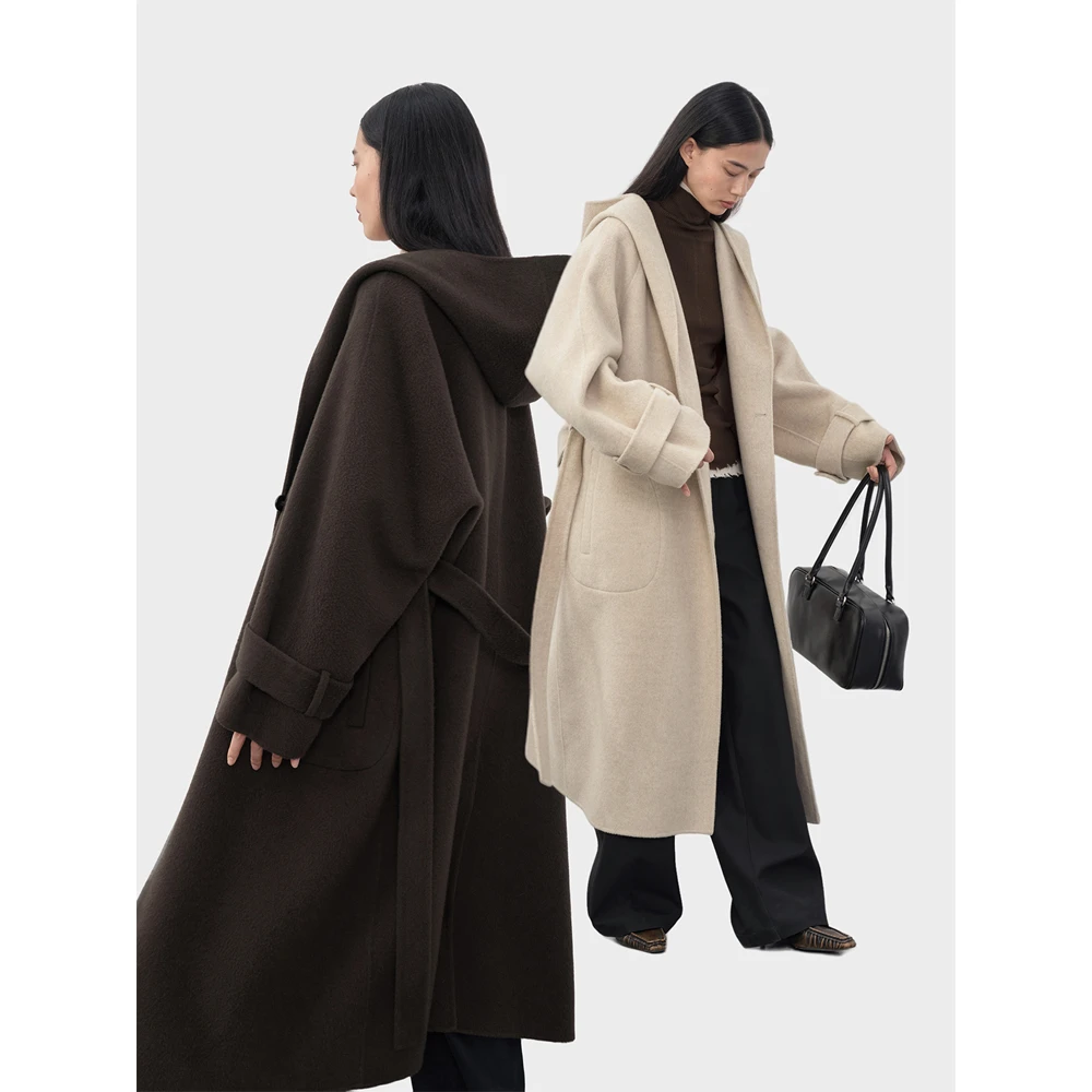 RandomPiece 高克重驼绒澳毛 连帽慵懒双面呢全手工大衣