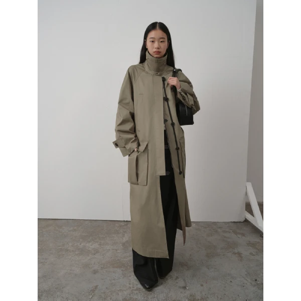 RandomPiece油腊感涂层纱卡肌理 户外防风立领廓形长风衣春秋休闲