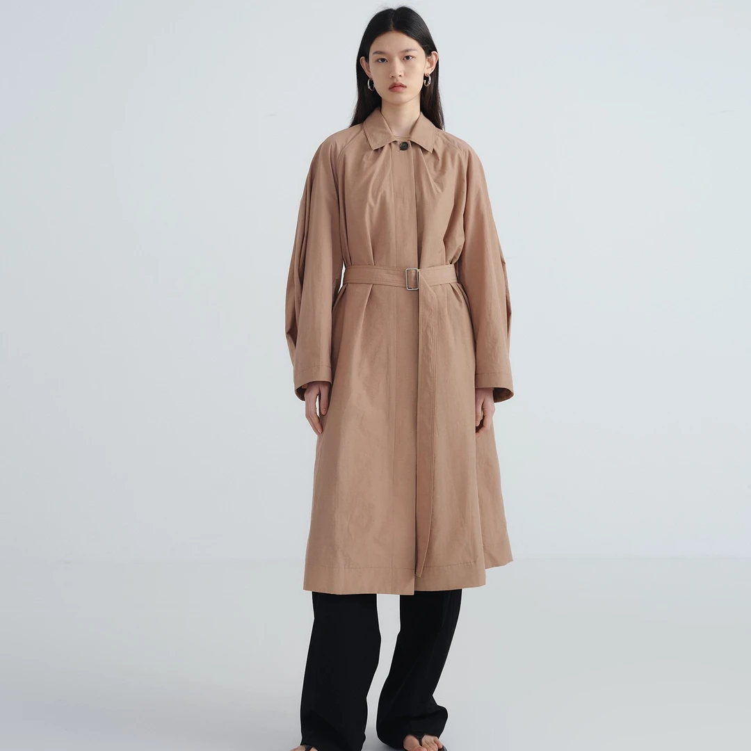 RandomPiece复古小方领廓形长款宽松气质通勤风衣外套中长款系带