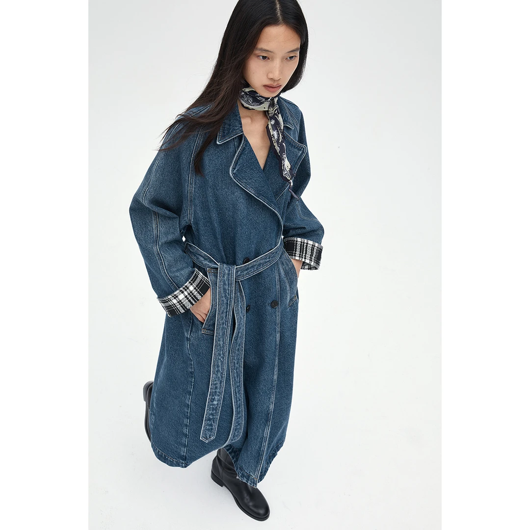 RandomPiece冬季年新款可脱卸格纹内胆 牛仔拼格长风衣棉服女