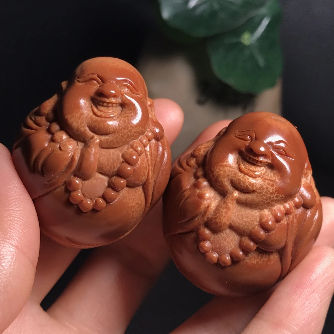 巴西大榄橄榄核雕刻大肚弥勒手球一对尺寸3.4*4.1cm文玩手盘把件