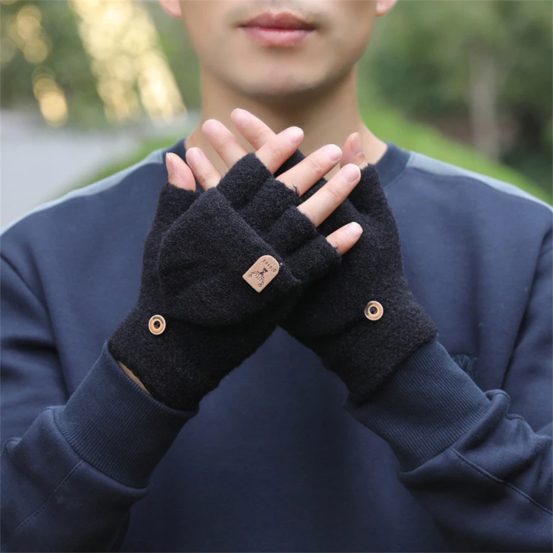 手套男秋冬季针织骑行翻盖学生冬天加厚写字半指保暖防寒棉手套女