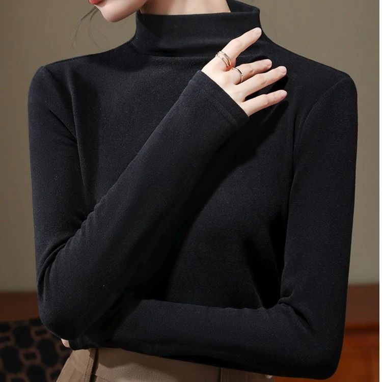 高个子秋冬保暖百搭中领双面德绒加长打底衫女加绒女上衣
