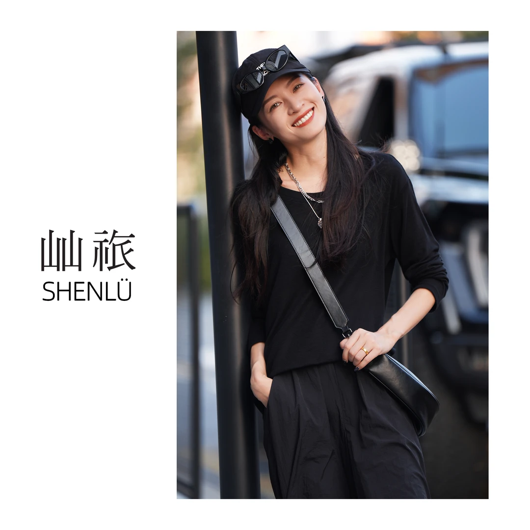 屾祣SHENLÜ 慵懒初秋 天丝羊毛面料 黑色圆领宽松长袖T恤罩衫