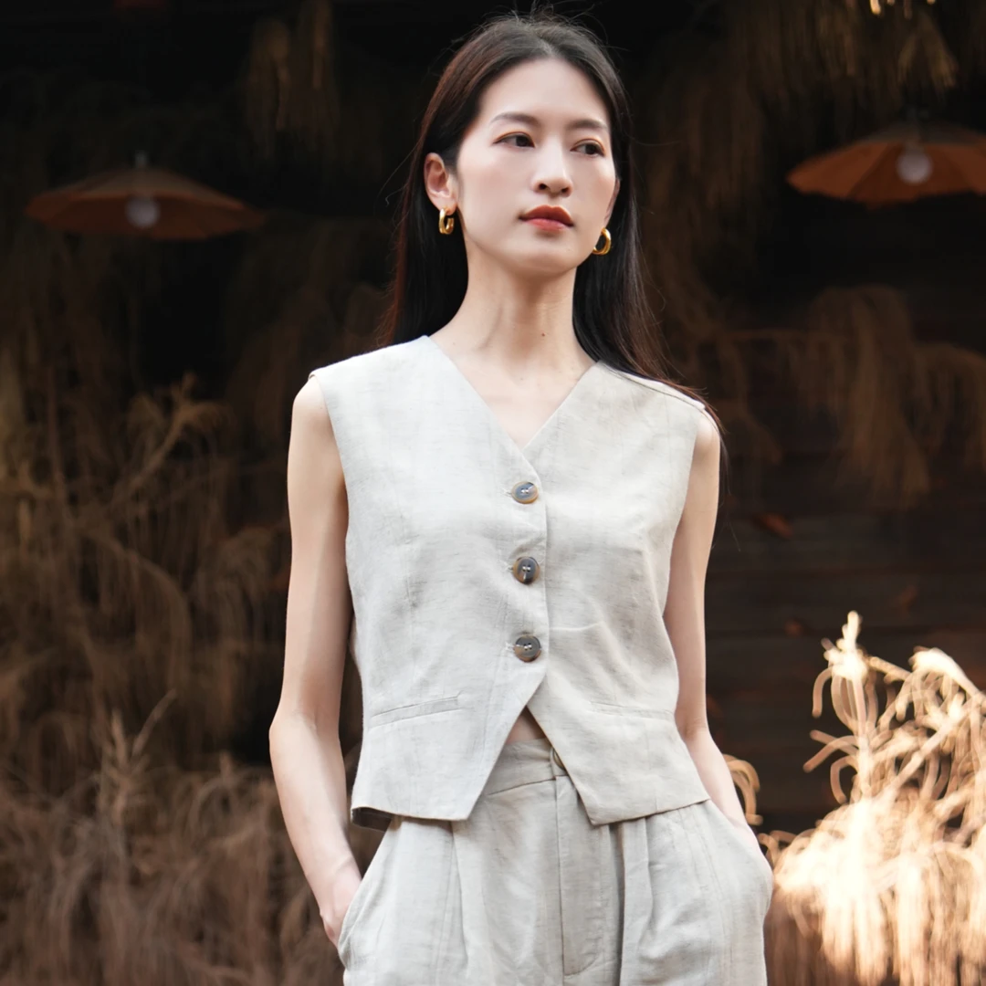 屾祣【行香子】亚麻修身马甲+松紧腰短裤+阔腿长裤