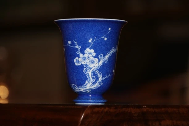 铭清堂 于君制 洒蓝梅花高足杯茶杯陶瓷主人杯手绘纯手工名窑