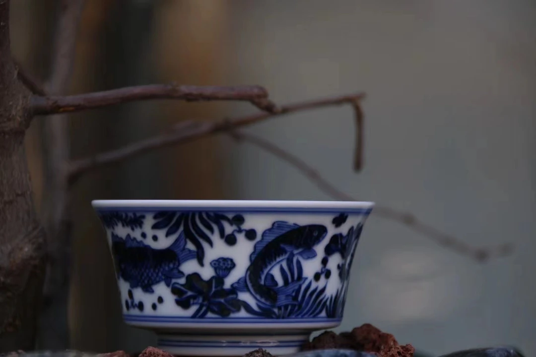景德镇 铭清堂 于君窑制 仿明鱼藻马蹄杯 陶瓷 茶杯 主人杯