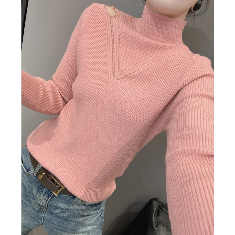 秋冬款性感镂空针织衫长袖女气质修身麻花毛衣高领打底衫欧货上衣