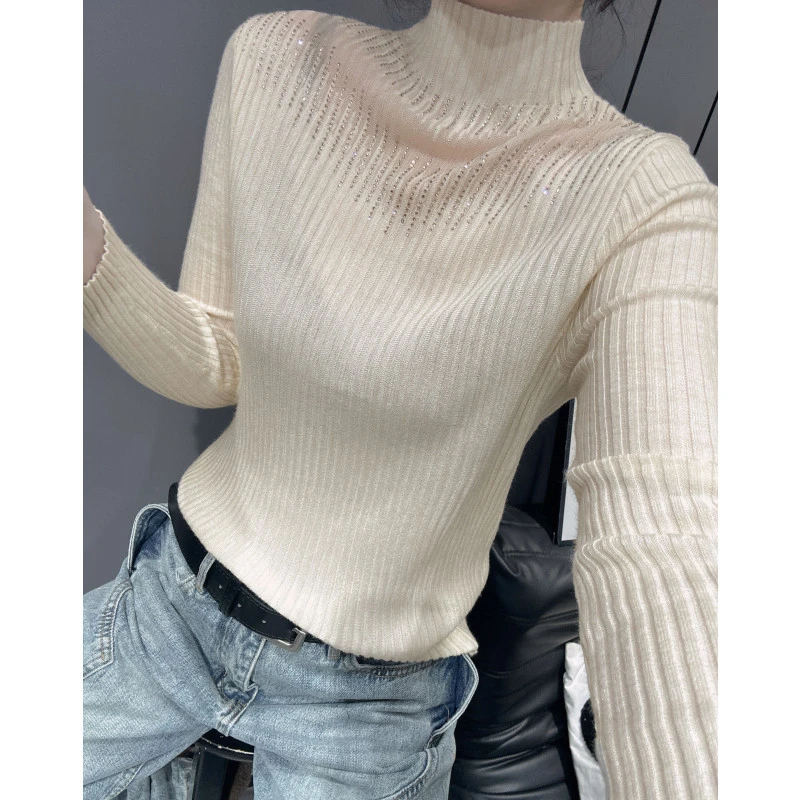 秋冬款拼接网纱镂空针织衫长袖女气质修身内搭毛衣打底半高领上衣