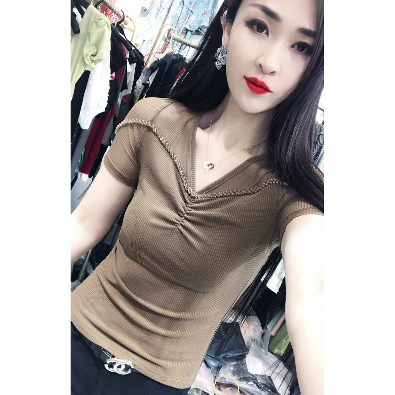 夏装新款蕾丝拼接V领短袖t恤女高级设计感重工钉珠紧身上衣小衫潮