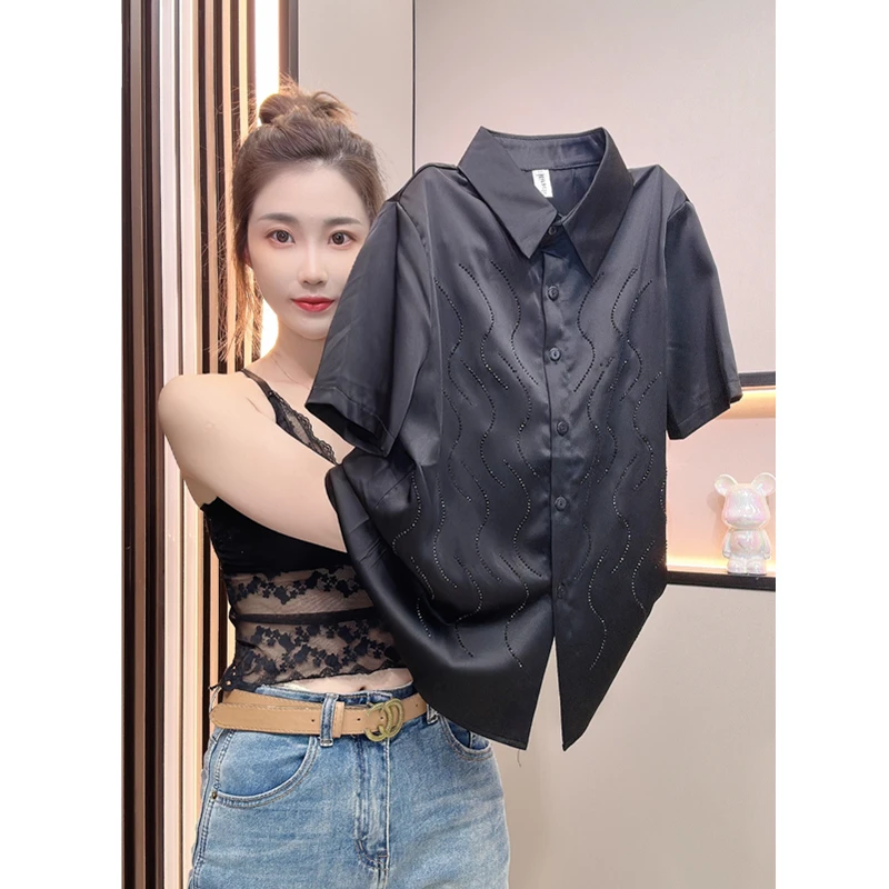 夏季新款时尚设计感小众缎面衬衫女短袖职业工作服正装轻熟风上衣