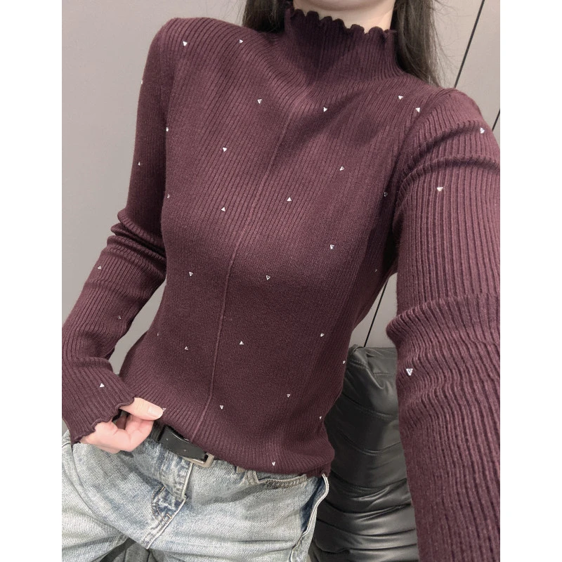 秋冬款半高领针织衫长袖女欧货洋气烫钻毛衣修身打底衫木耳边上衣