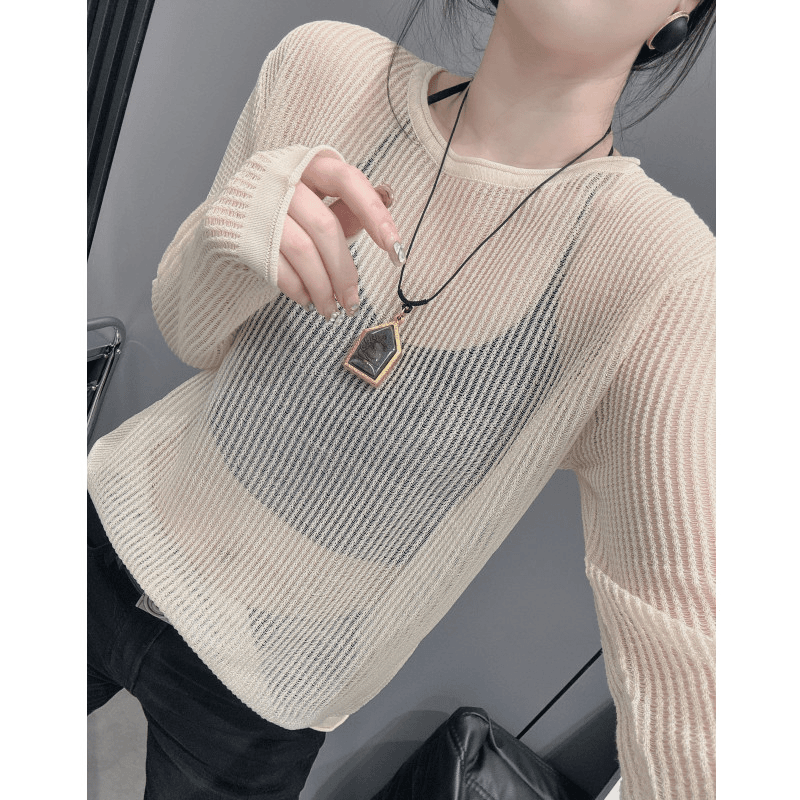 法式长袖镂空防晒针织衫女夏天新款套头宽松外搭罩衫性感微透上衣