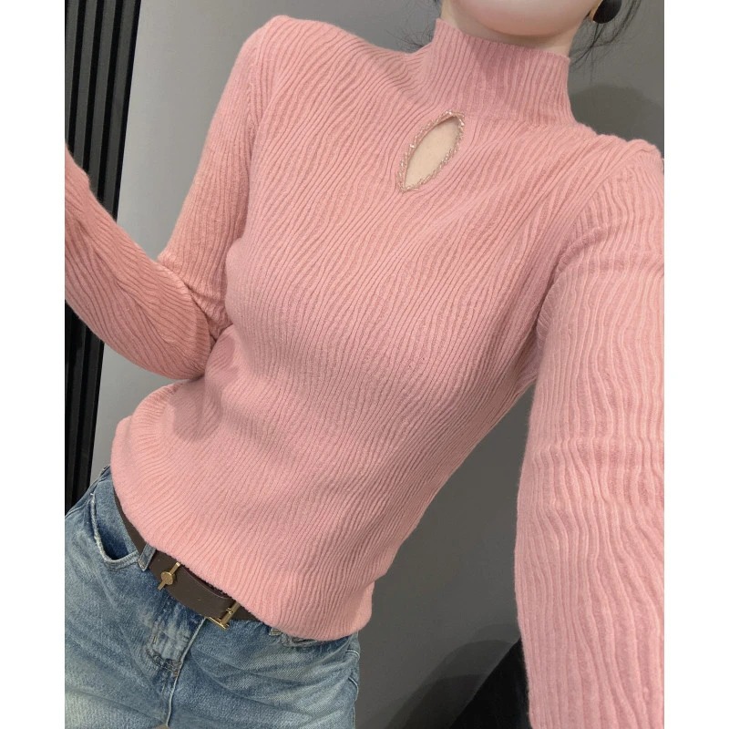 胸前镂空毛衣针织女长袖秋冬款欧货修身内搭半高领打底衫麻花上衣