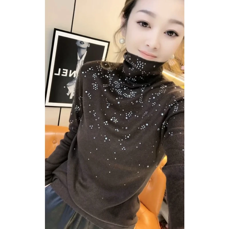 重工烫钻针织衫长袖女秋冬款欧洲站洋气高领毛衣内搭打底修身上衣