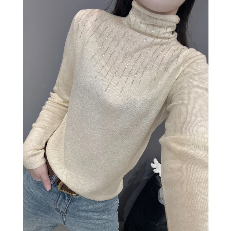 高领毛衣长袖女秋冬款欧货气质修身内搭堆堆领打底针织衫烫钻上衣