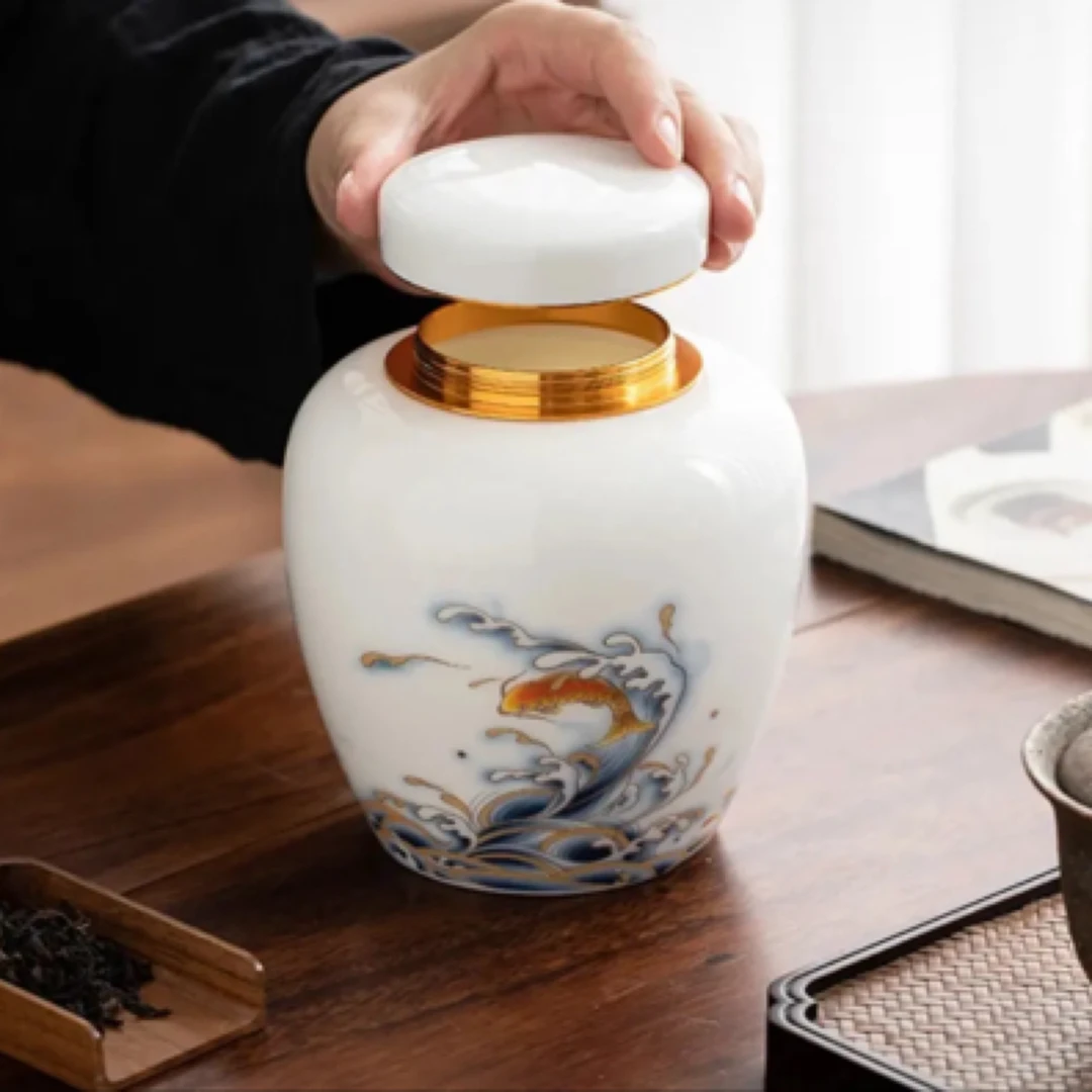 高端国风羊脂玉瓷中式陶瓷便携茶叶罐密封罐家用摆件存茶罐储物罐