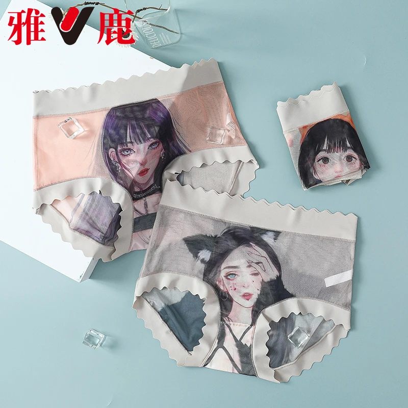 V/雅鹿内裤女网红蕾丝爆款美人图创意桑蚕丝无痕舒适中高腰女内裤