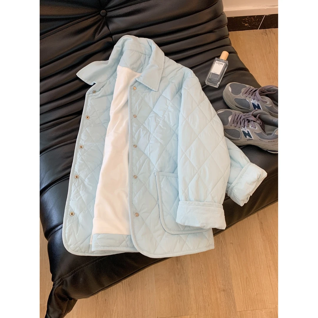 温柔风奶呼呼的baby蓝菱格棉服女2024秋冬新款慵懒风保暖加绒外套