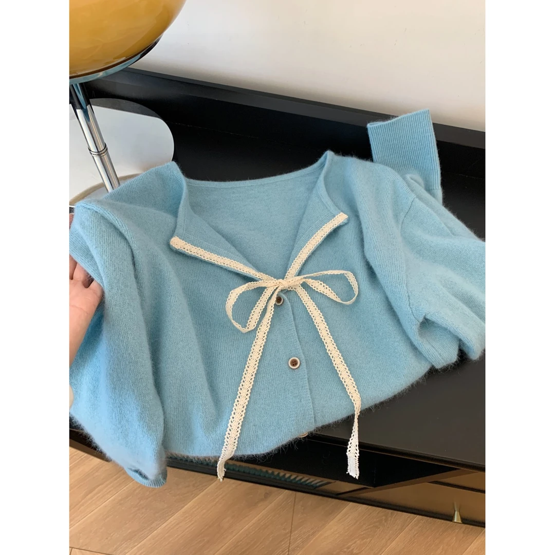 法式温柔风蓝色蝴蝶结系带毛衣开衫女秋冬2024新款韩版软糯针织衫