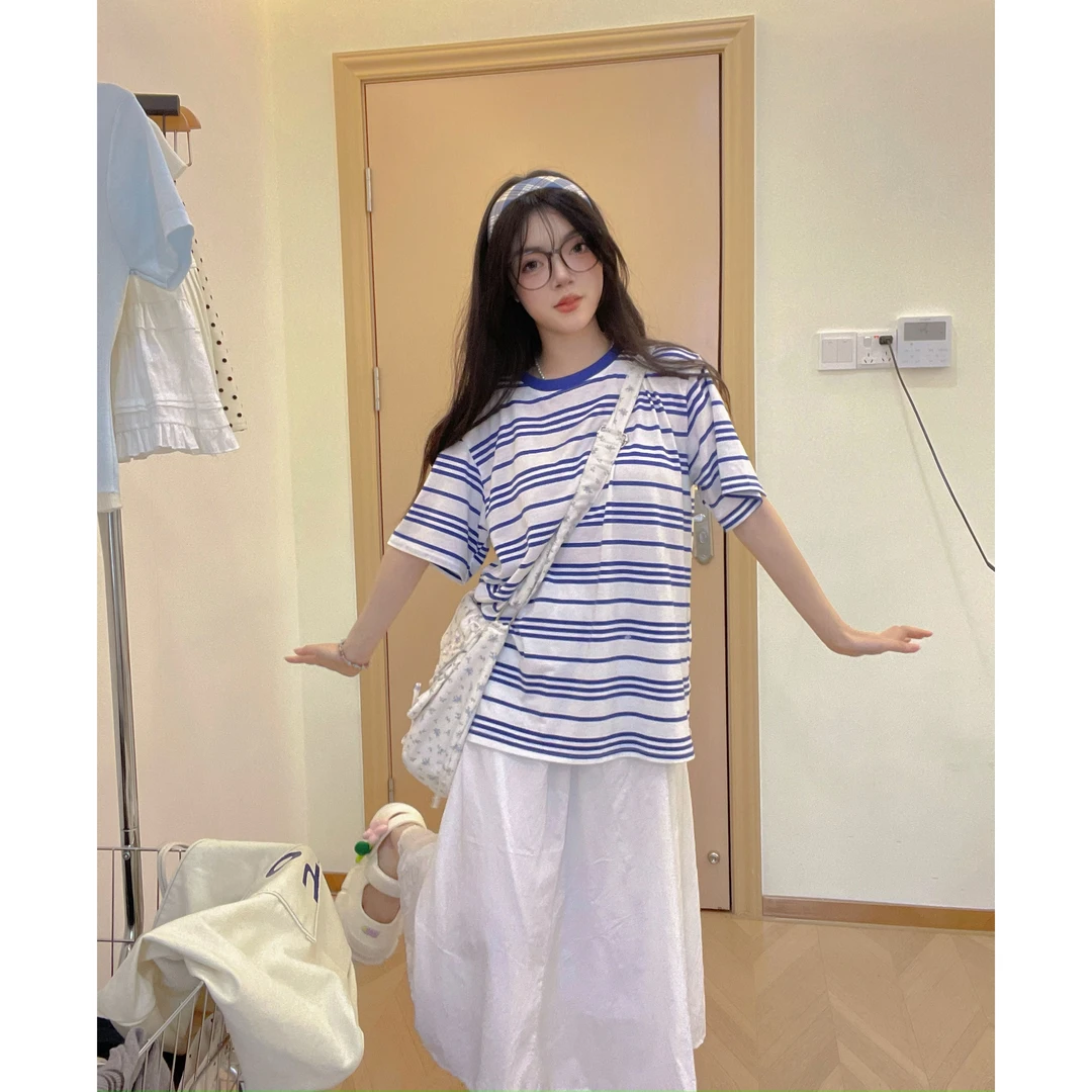 蓝色条纹宽松显瘦小众设计感T恤2024新款夏季减龄撞色圆领上衣女