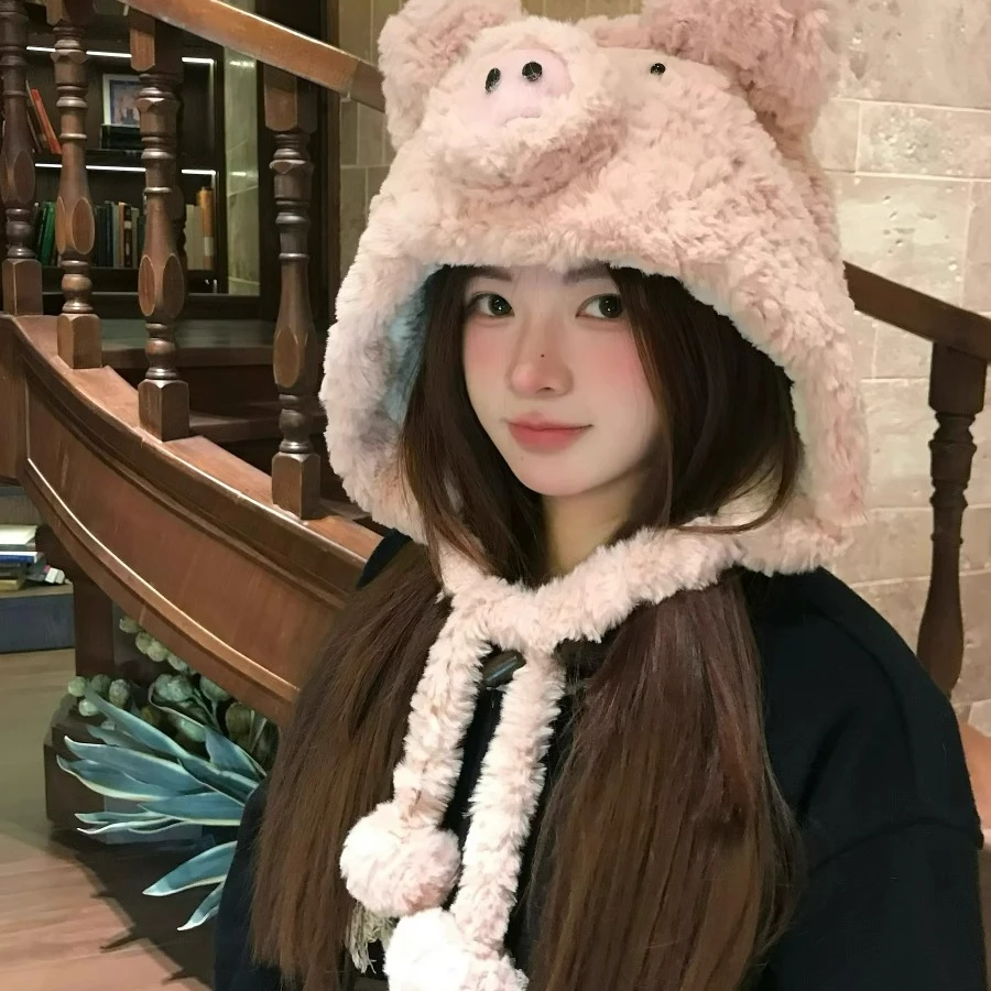 毛茸茸卡通可爱小猪帽子秋冬保暖防寒加绒包头帽加厚防护雷锋帽子