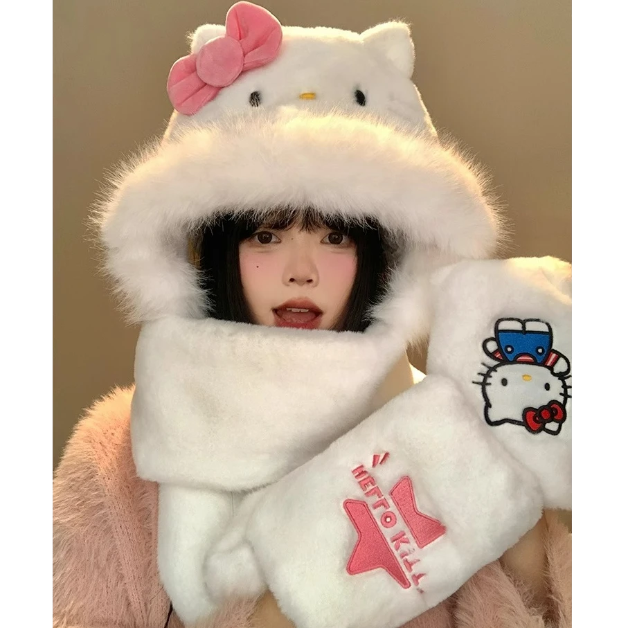 三丽鸥Hellokitty毛绒帽子围巾一体女冬季可爱防寒保暖手套三件套