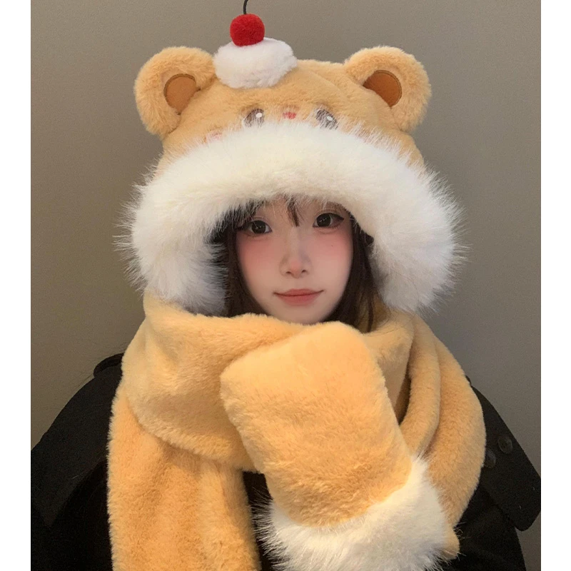 可爱小熊帽子围脖手套一体女冬季保暖毛绒帽显脸小2025防寒护耳帽