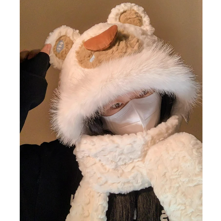 2024新款冬季小熊雷锋帽子围巾手套一体女保暖护耳三件套防寒围脖