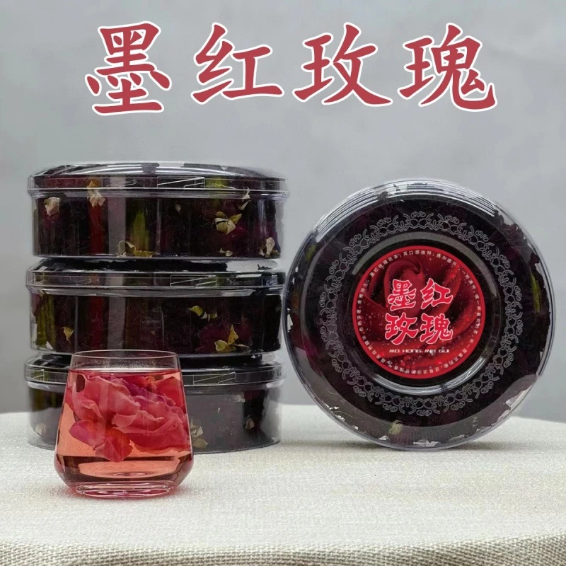 古工墨红玫瑰花茶冻干新货大朵重瓣花瓣泡茶泡水透明圆盒100g装