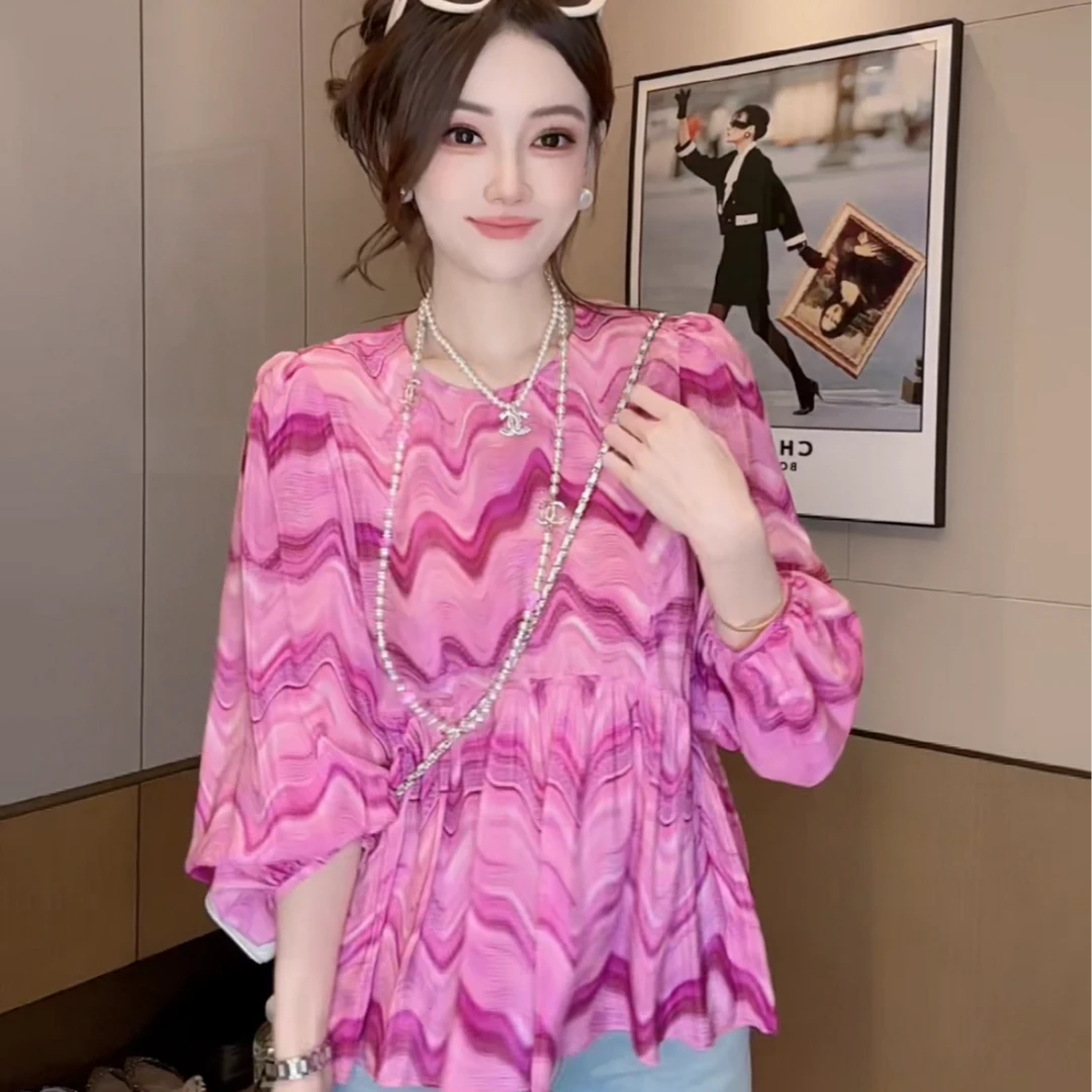 【丝芙玉禄】（F411）100%真丝双绉气质印花碎花泡泡袖桑蚕丝上衣衬衫