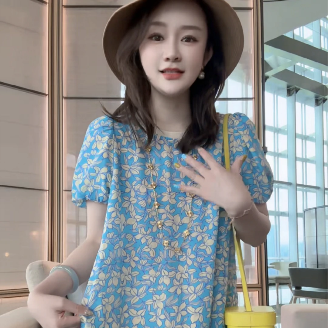 【丝芙玉禄】（E872）100%真丝双绉蓝色花桑蚕丝气质夏季女装连衣裙