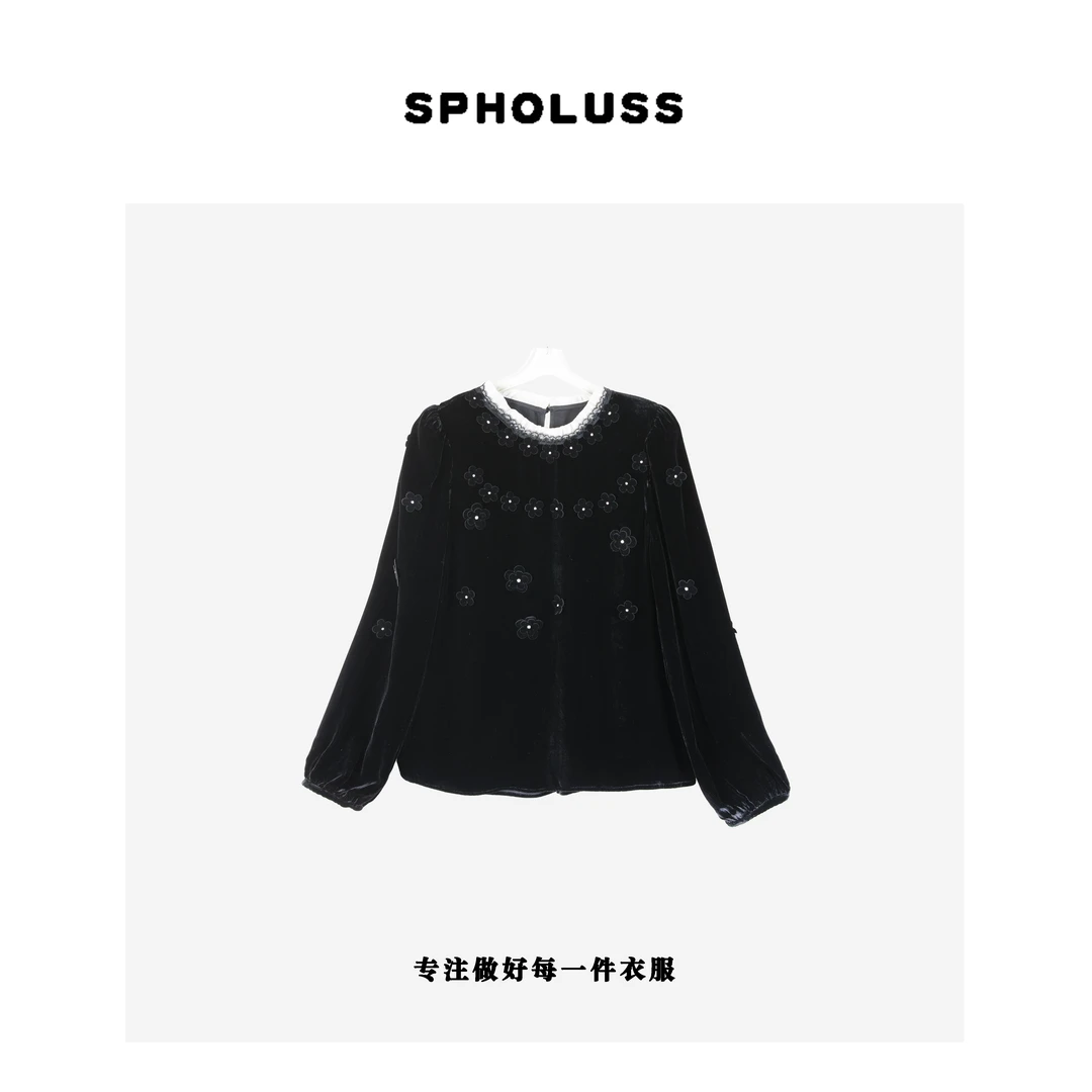 【丝芙玉禄】【F370】重磅100%真丝丝绒领口拼接大盘花真丝丝绒上衣