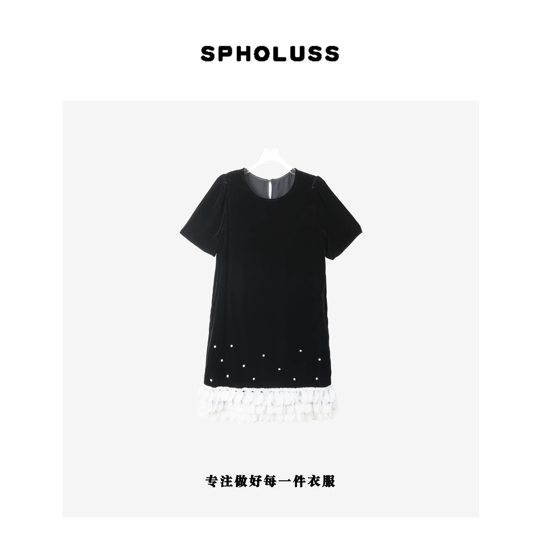 【丝芙玉禄】（K182）重磅100%真丝丝V拼接钉珠下摆气质连衣裙